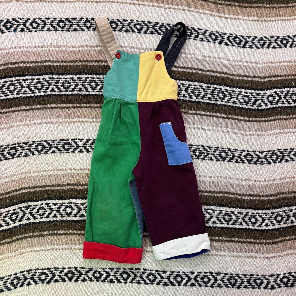Baby Toddlers Vintage 80's Handmade Colorblock Patchwork Overalls Bibs Sz 2T VTG